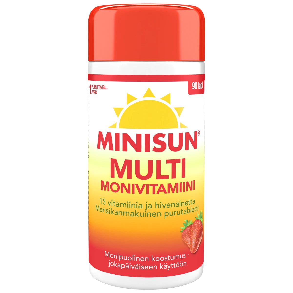 MINISUN Monivitamiini Multi Mansikka purutabletti 90 kpl mansikanmakuinen purutabletti on helppo pureskella, imeskellä tai niellä