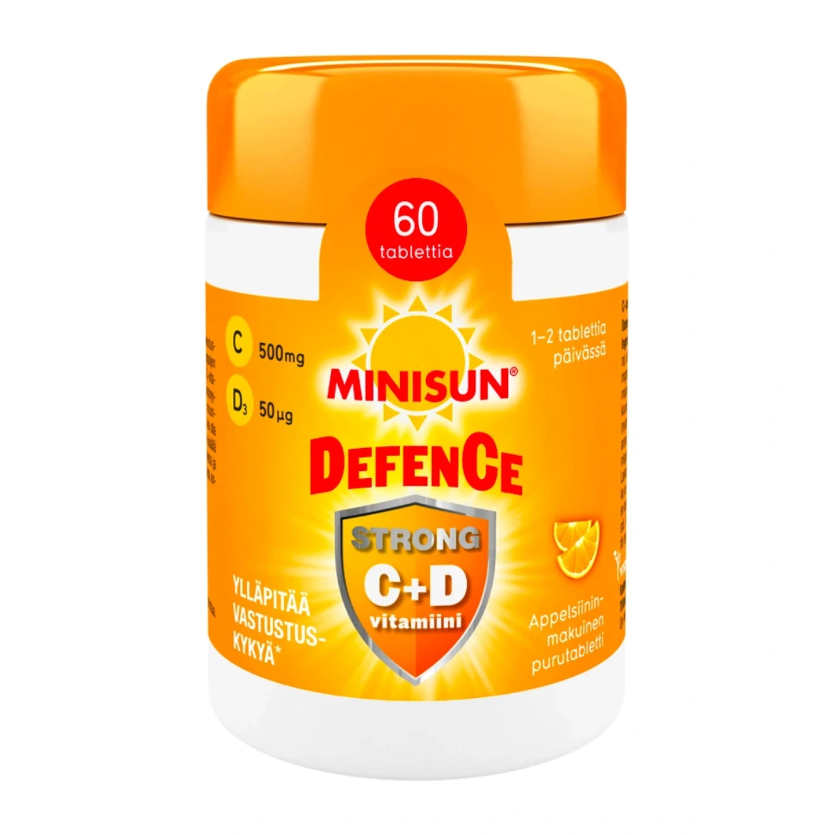 MINISUN Defence Strong C + D purutabletti 60 kpl Appelsiininmakuinen purutabletti maistuu hyvältä.
