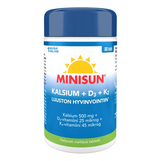 MINISUN Luusto Kalsium + D3 + K2 tabletti 80 kpl luuston hyvinvointiin