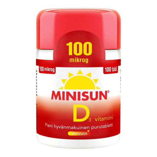 MINISUN D3-Vitamiini 100 mikrogrammaa purutabletti 100 kpl pieni, hyvänmakuinen purutabletti