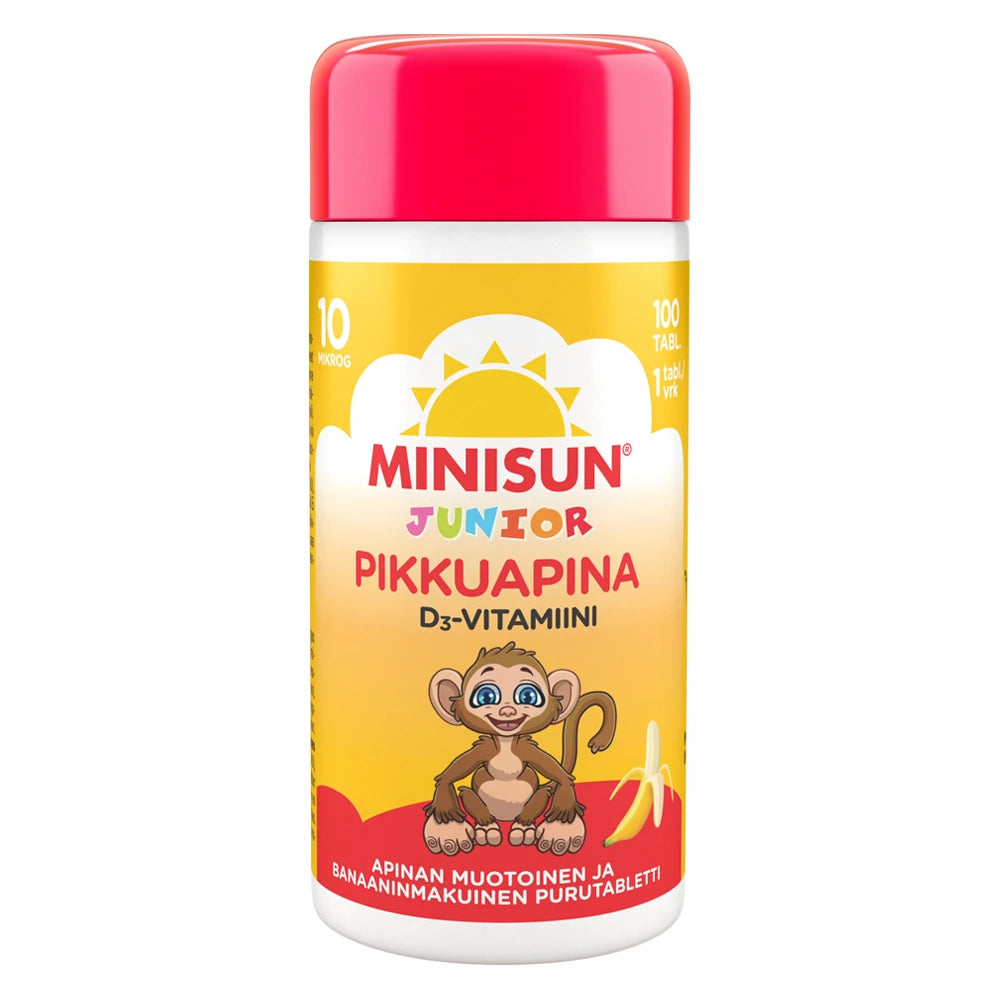 MINISUN Junior Pikkuapina D3-vitamiini banaani 100 kpl maukkaan banaanin makuinen ja apinan muotoinen tabletti