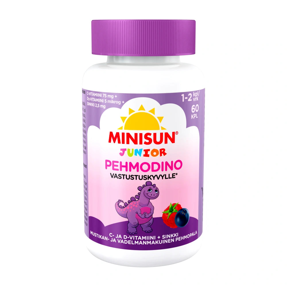 MINISUN Junior Pehmodino Super Defence 60 kpl inosauruksen muotoinen mustikan ja vadelman makuinen pehmeä ja pureskeltava