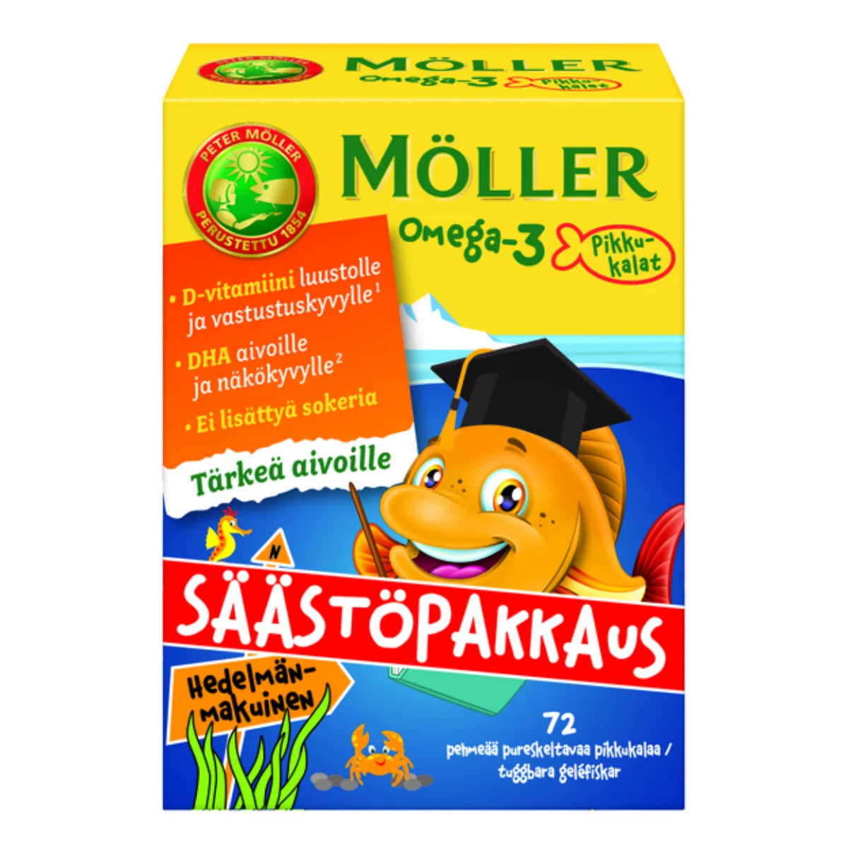 MÖLLER Omega-3 Pikkukalat hedelmäinen geelipala 72 kpl