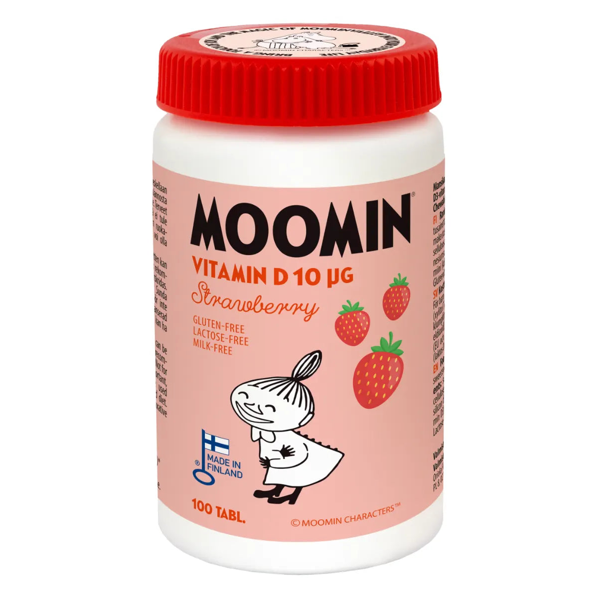 Moomin® D-vitamiini 10 µg mansikka purutabletti 100 kpl – ksylitolilla makeutettu imeskelytabletti