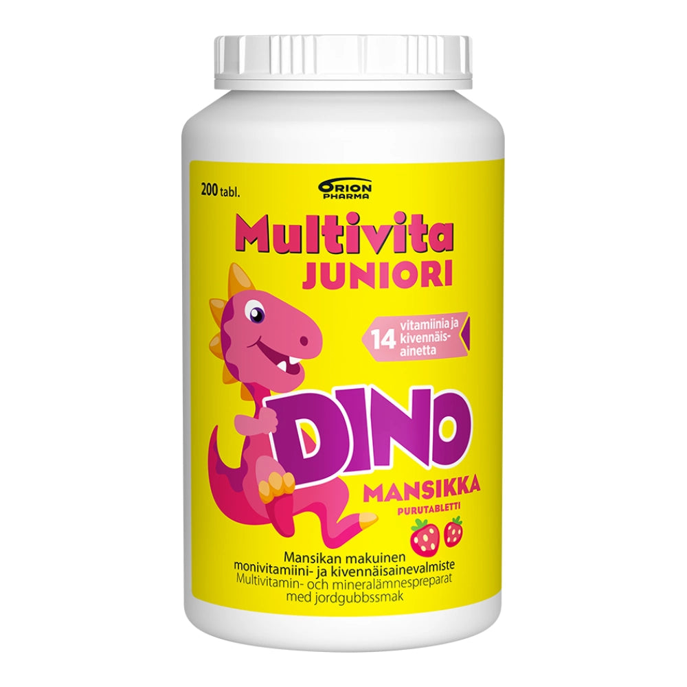MULTIVITA Juniori Dino mansikka 200 kpl hyvän makuinen dinosauruksen muotoinen monivitaminitamiinitabletti