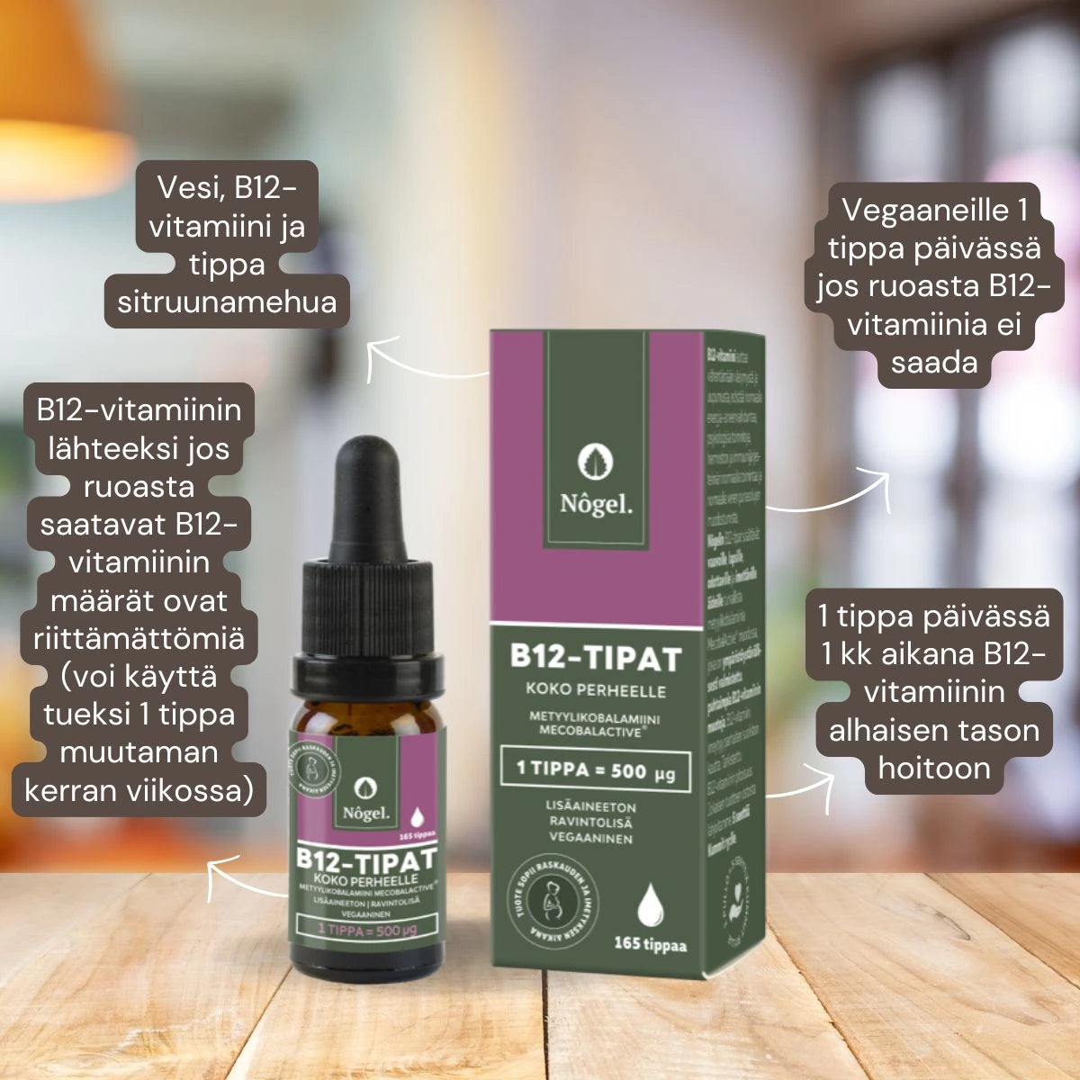 NÔGEL B12-tipat koko perheelle 10 ml tietoa B12-vitamiinitipat käytöstä