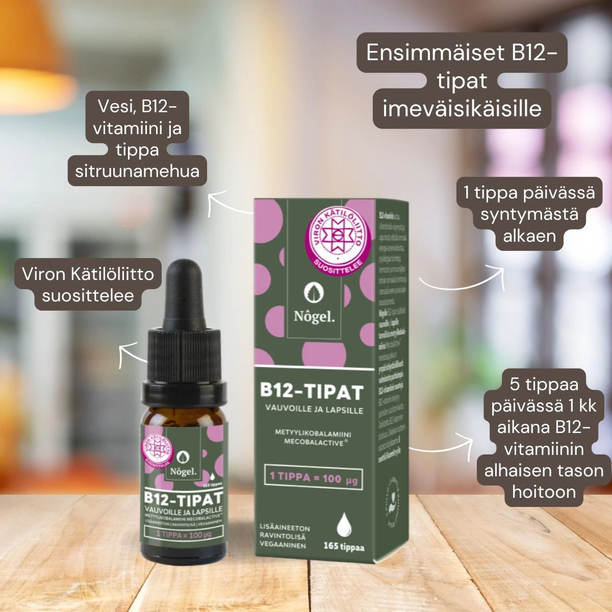 NÔGEL B12-tipat vauvoille ja lapsille 10 ml, annostelu ja käyttöohje
