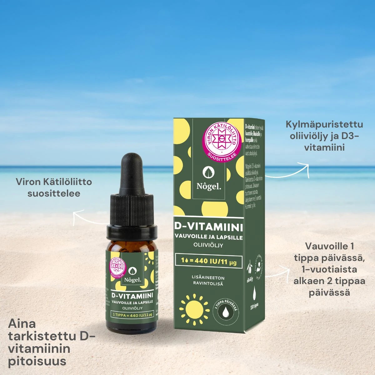 NÔGEL D3-vitamiini oliiviöljytippa 11 μg / tippa 10 ml käyttäohje ja annostelu