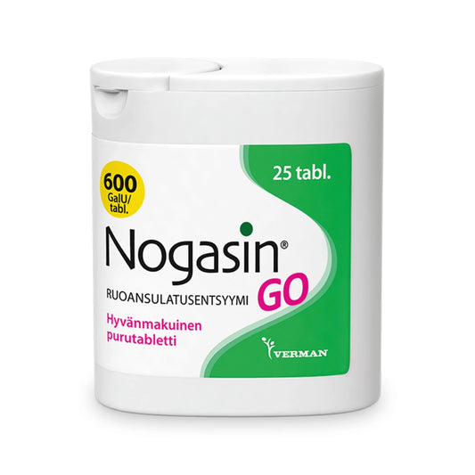 NOGASIN Go 600 GaIU purutabletti 25 kpl hyvänmakuinen ruoansulatusentsyymiä sisältävä purutabletti
