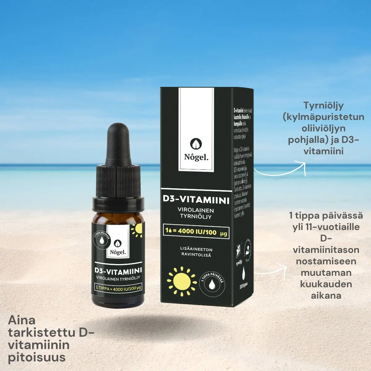 NÔGEL D3-vitamiini tyrniöljytippa 100 μg / tippa 10 ml annosteluohje