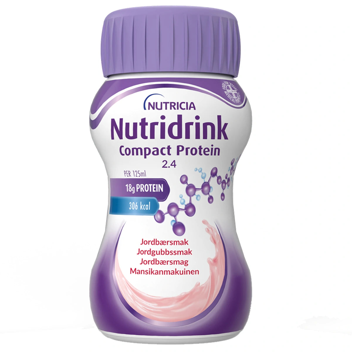 NUTRIDRINK Compact Protein Mansikka 4x125 ml tiivistetymmässä muodossa oleva pirtelömäinen täydennysravintojuoma