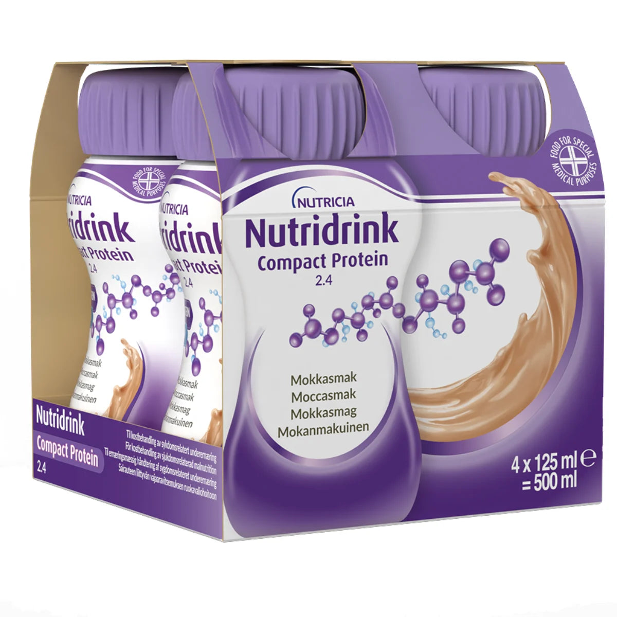 NUTRIDRINK Compact Protein Mokka 4x125 ml tiivistetymmässä muodossa oleva pirtelömäinen täydennysravintojuoma