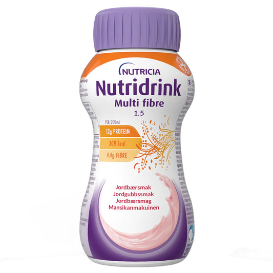 NUTRIDRINK Multi Fibre Mansikka 4x200 ml pirtelömäinen ravintojuoma.