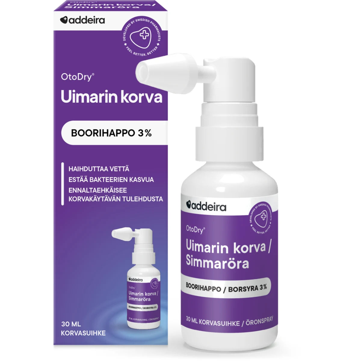 OtoDry suihke uimarin korvaan 30 ml poistaa veden korvasta uinnin jälkeen ehkäisten korvakäytävän tulehdusta