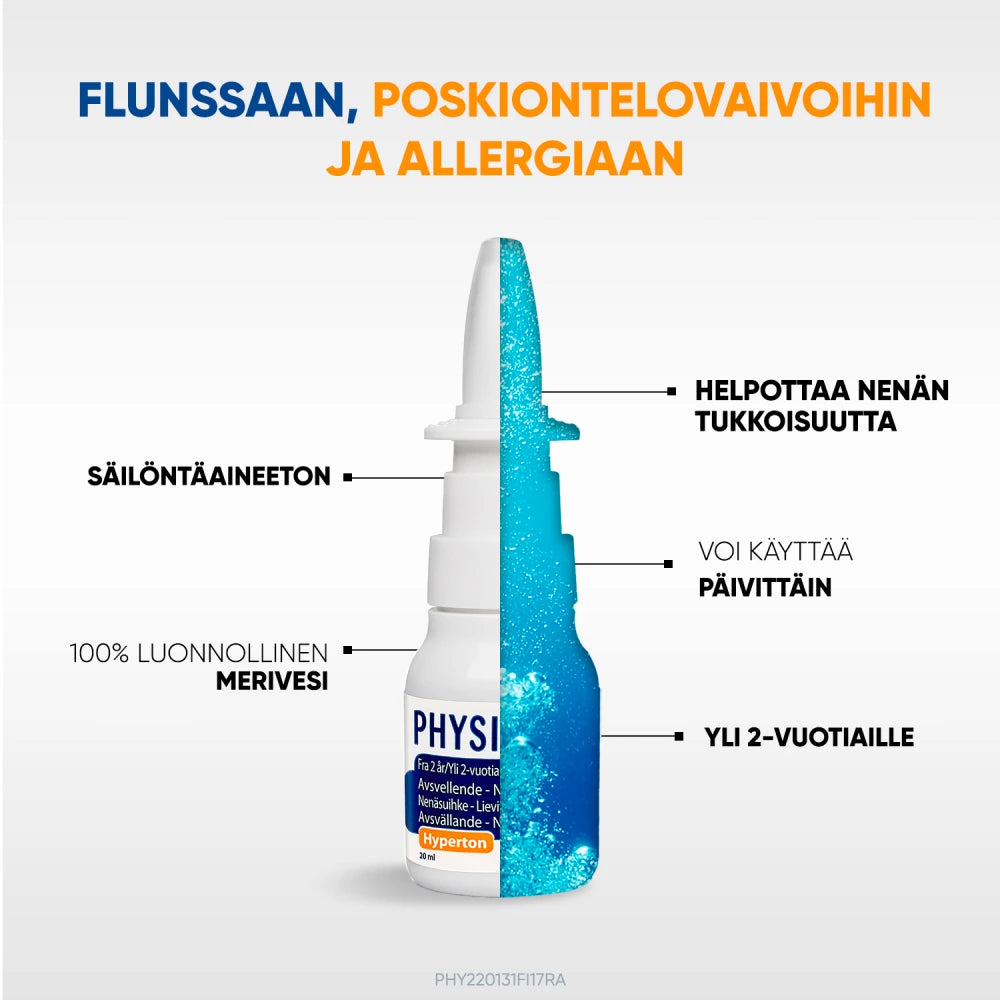 PHYSIOMER Hypertonic Spray tukkeutuneen nenän hoitoon flunssassa tai allergiassa
