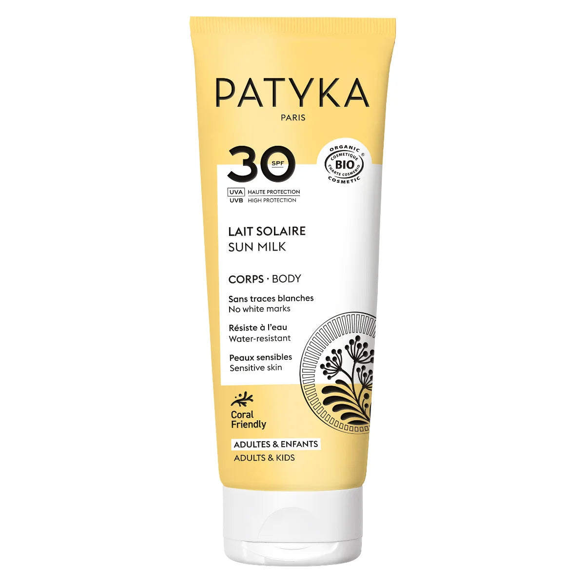 Patyka Body Sun Milk SPF30 100 ml – sertifioitu luomu aurinkomaito vartalolle, kevyt ja näkymätön lopputulos