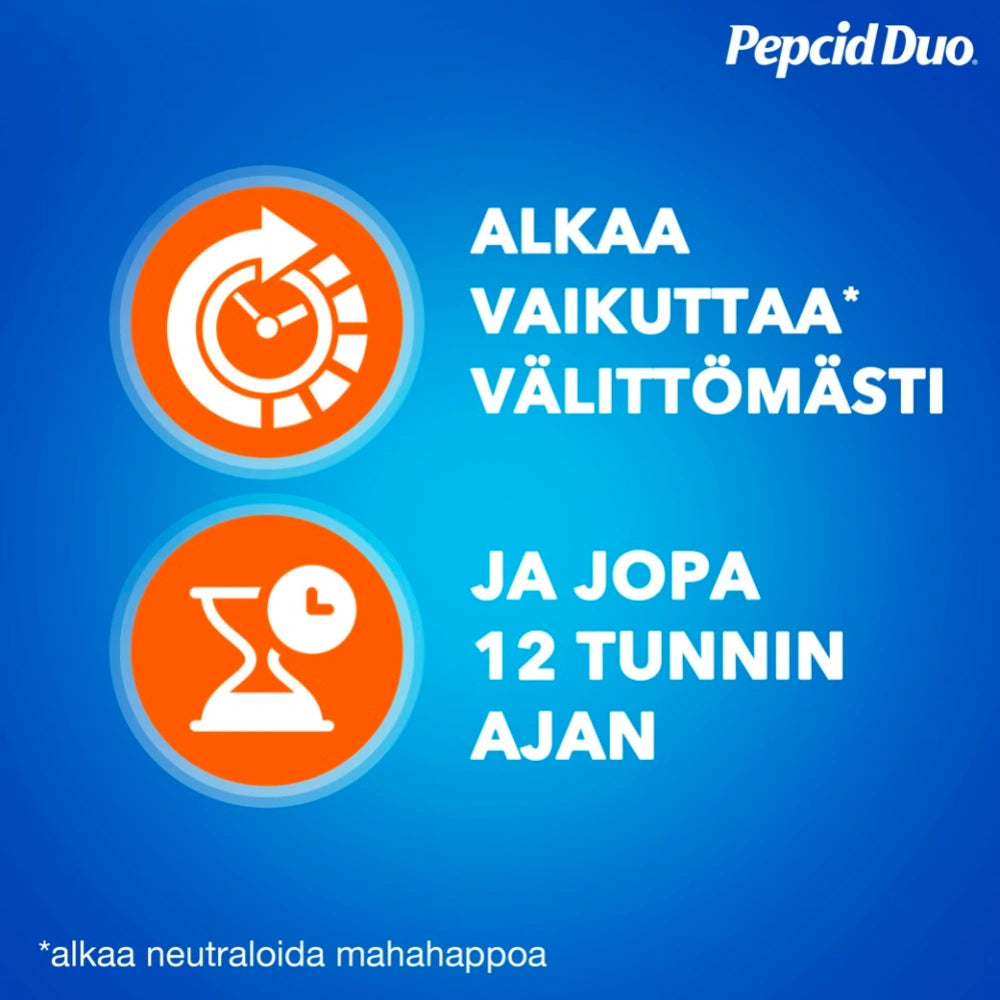 PEPCID DUO 10 mg/165 mg/800 mg purutabletti vaikuttaa jppa 12 tunnin ajan