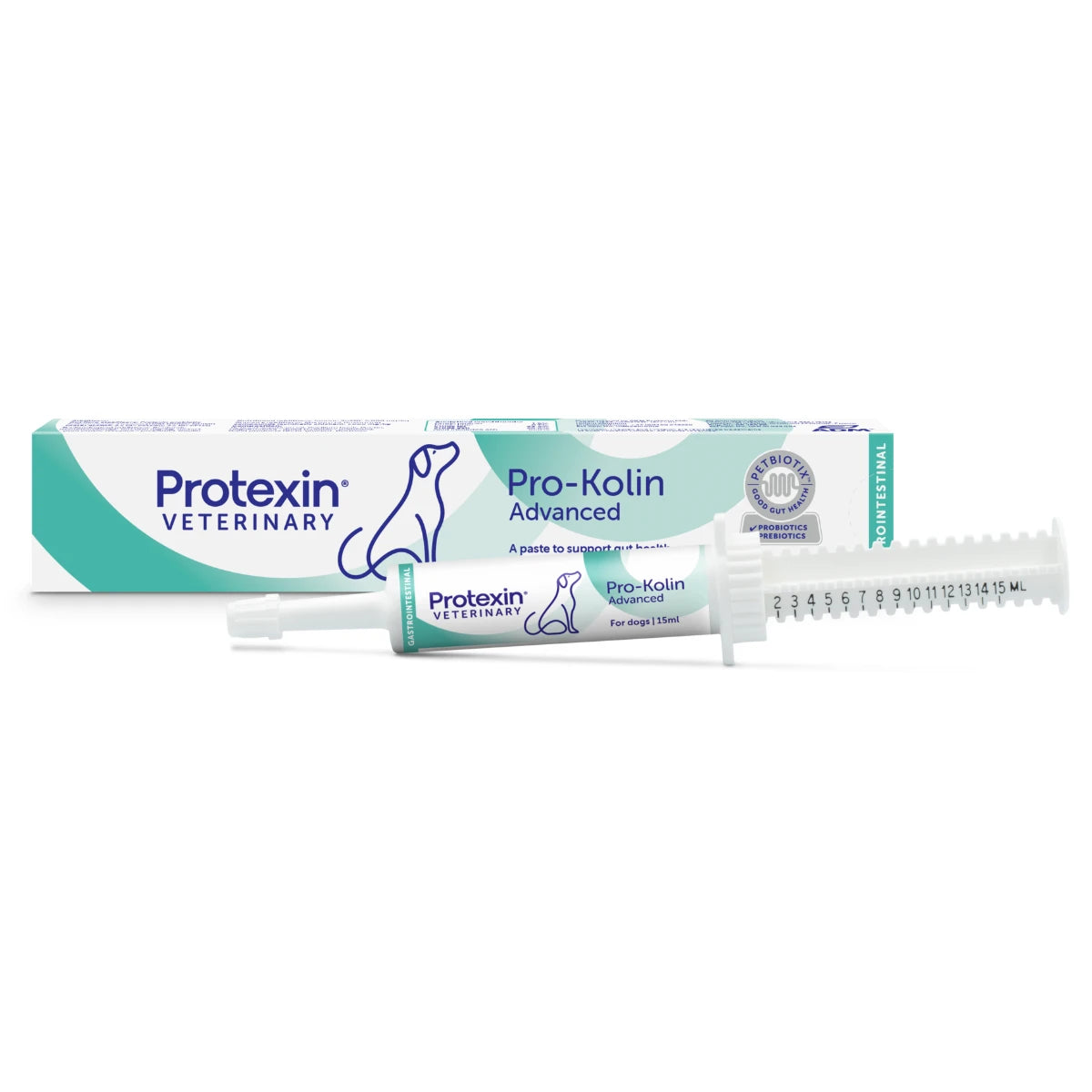 Pro-Kolin Advanced koirille 15 ml  mittaruiskussa auttaa ylläpitämään suoliston bakteeritasapainoa ja kiinteyttää ulostetta.