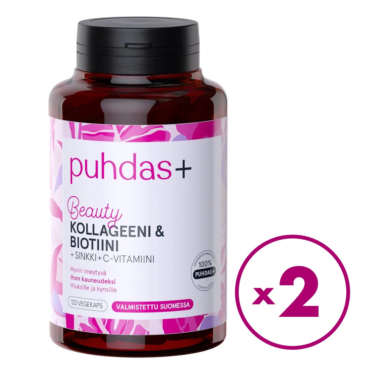 PUHDAS+ Beauty kollageeni &amp; biotiini 2x120 kapselia – 2 purkkia edullisemmin