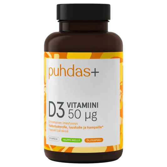 PUHDAS+ D3-vitamiini 50 µg oliiviöljykapseli 120 kpl