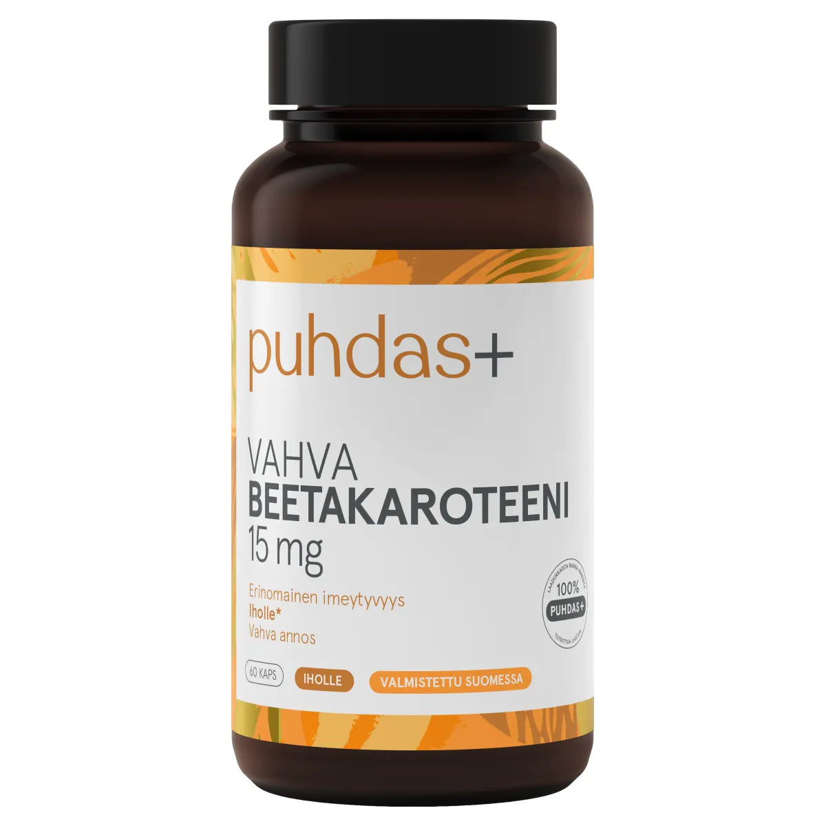 Puhdas+ Vahva Beetakaroteeni 15 mg – Luonnollinen A-vitamiinin esiaste, joka tukee ihon normaalia toimintaa