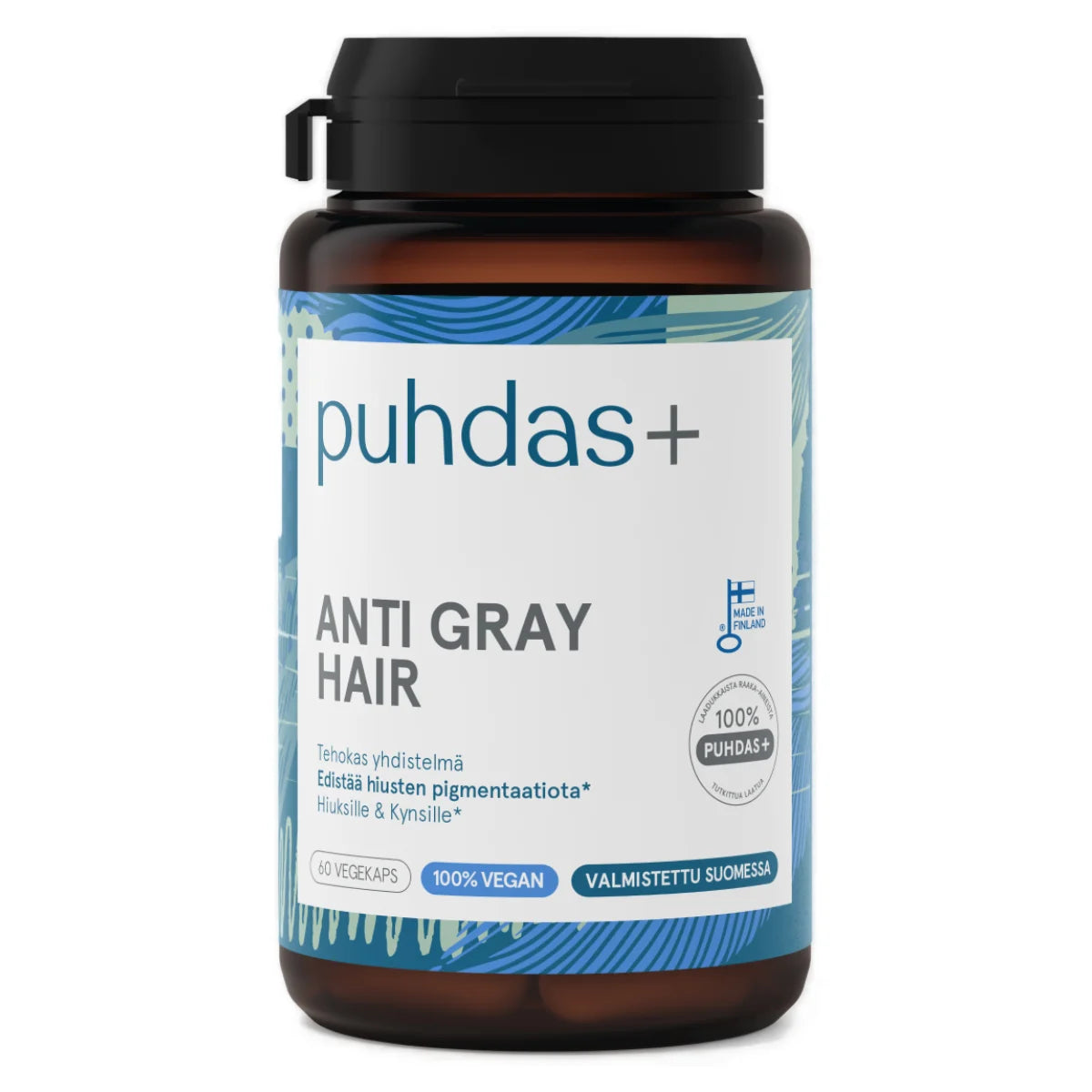 Puhdas+ Anti Gray Hair 60 kaps edistää hiusten normaalia pigmentoitumista