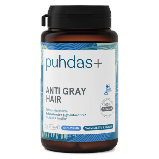 Puhdas+ Anti Gray Hair 60 kaps edistää hiusten normaalia pigmentoitumista