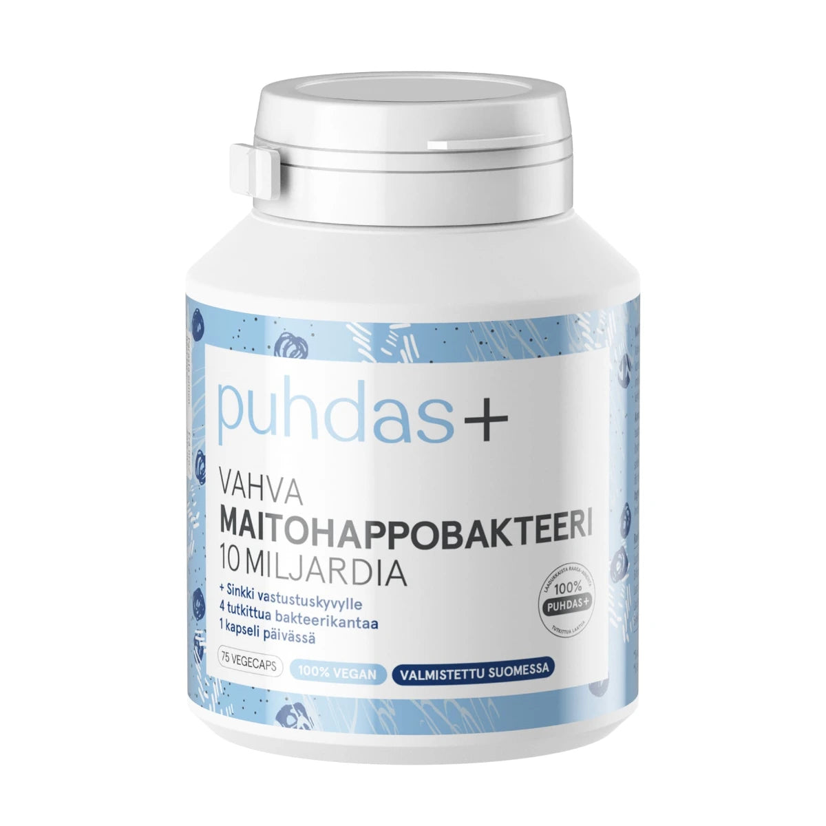 PUHDAS+ Vahva Maitohappobakteeri 10 miljardia vegekapseli 75 kpl tehokas yhdistelmä neljää tutkituttua bakteerikantaa