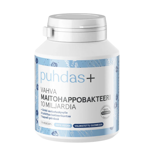 PUHDAS+ Vahva Maitohappobakteeri 10 miljardia vegekapseli 75 kpl tehokas yhdistelmä neljää tutkituttua bakteerikantaa