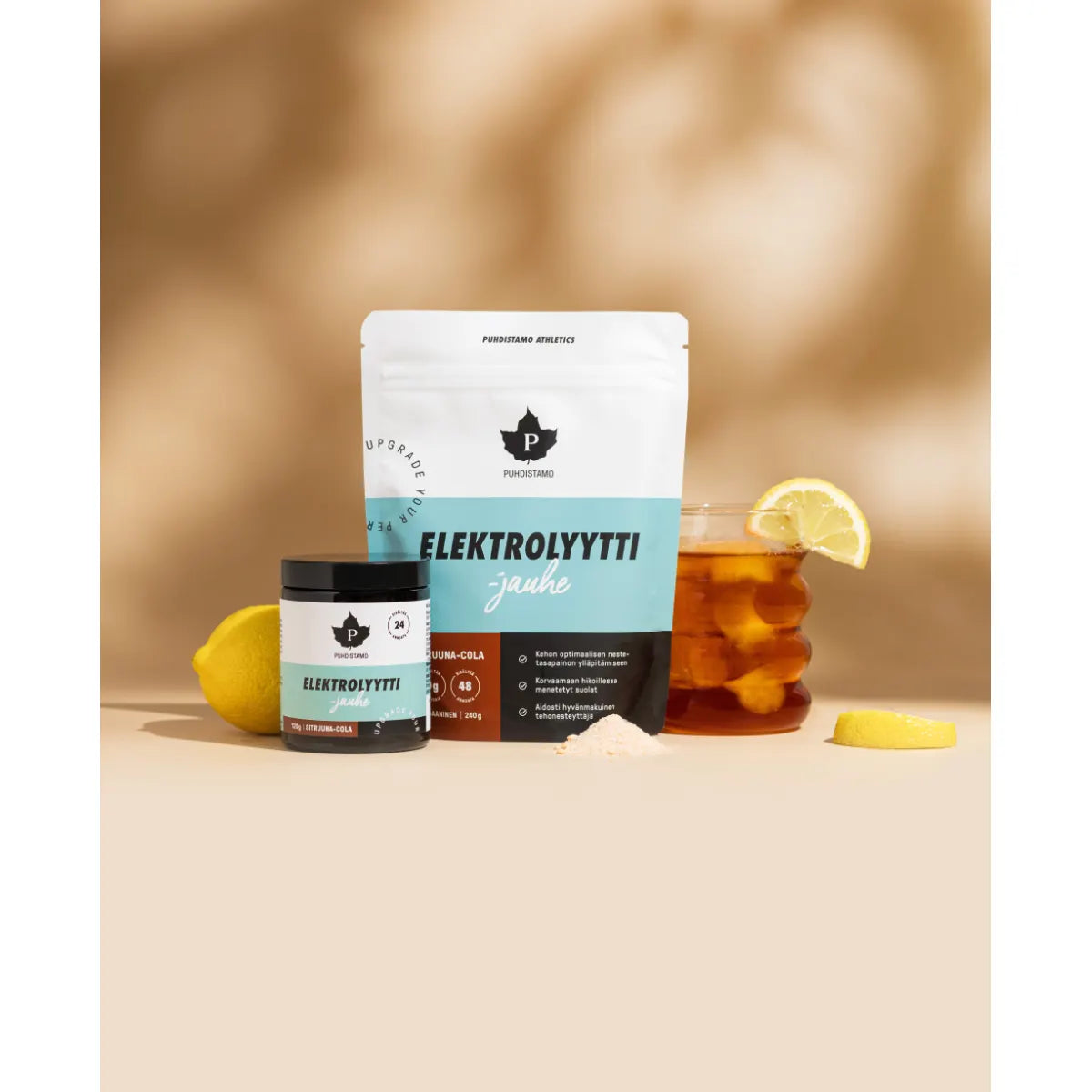 Puhdistamo Athletics Elektrolyyttijauhe Sitruuna-Cola saatavilla kahdessa koossa
