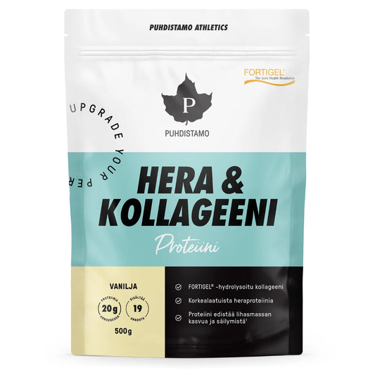 Puhdistamo Athletics Hera & Kollageeni Vanilja 500 g – proteiinia ja kollageenia päivittäiseen käyttöön