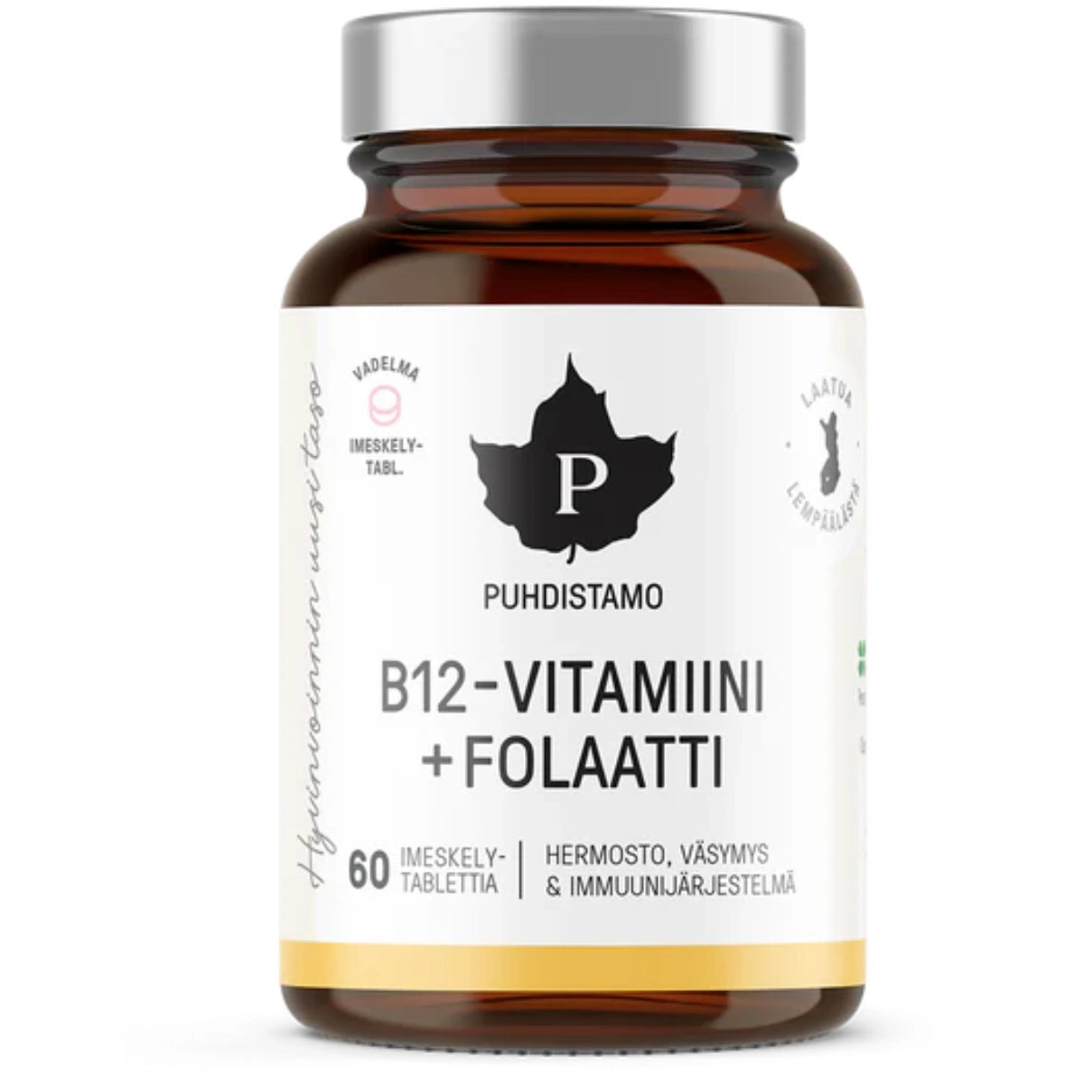 PUHDISTAMO B12-vitamiini + Folaatti Vadelma imeskelytabletti 60 kpl