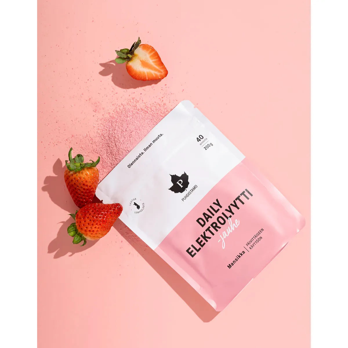 PUHDISTAMO Daily Elektrolyyttijauhe Mansikka 200 g raikkaan mansikanmakuinen nesteytysjuomajauhe