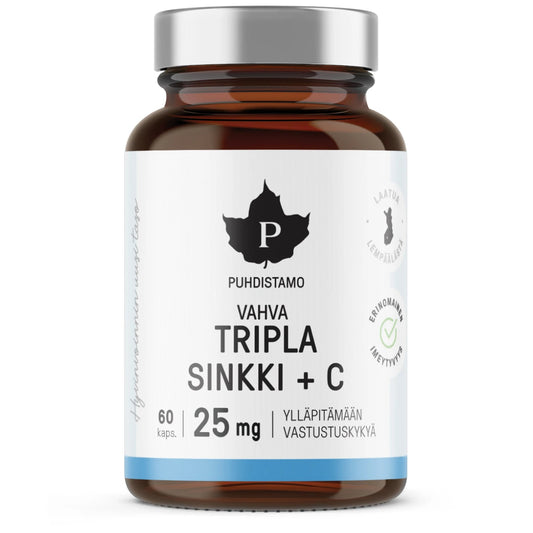 Puhdistamo Tripla Sinkki+C 25 mg kapseli 60 kpl sisältää kolmea eri sinkin suolamuotoa