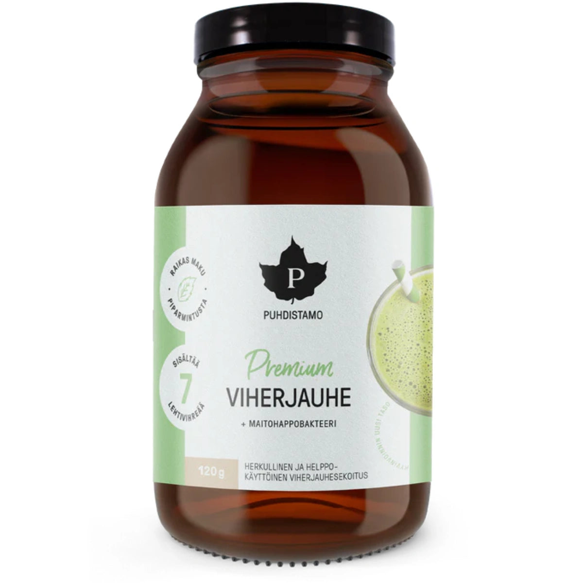 PUHDISTAMO Premium viherjauhe + maitohappobakteeri 120 g herkullinen ja helppokäyttöinen viherjauhesekoitus