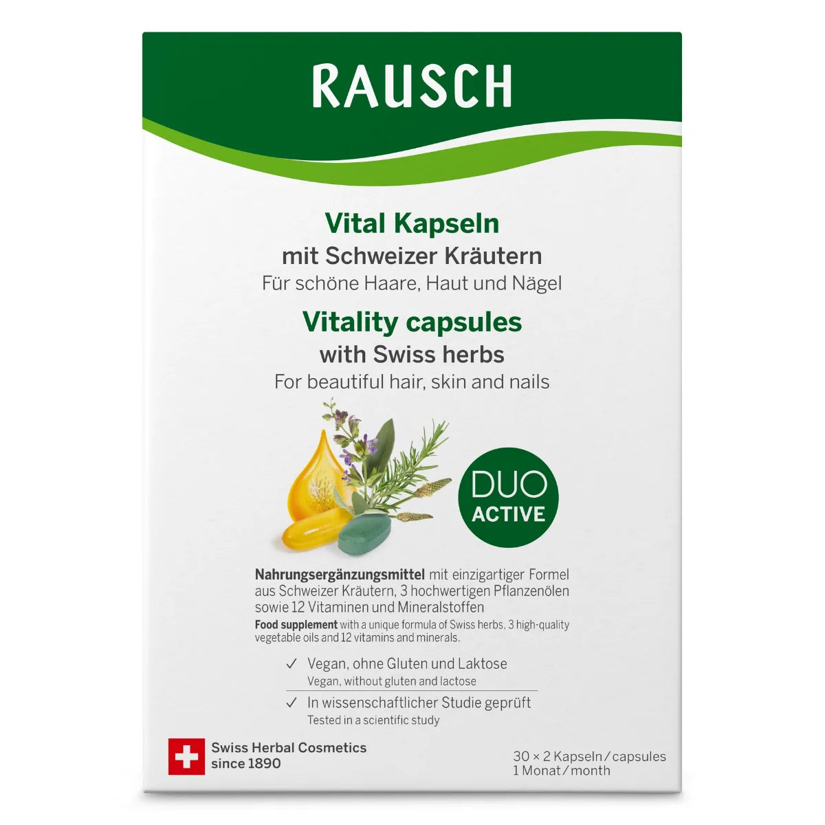 RAUSCH Vital kapseli 2x30 kpl ravintolisä hiuksille, iholle ja kynsille