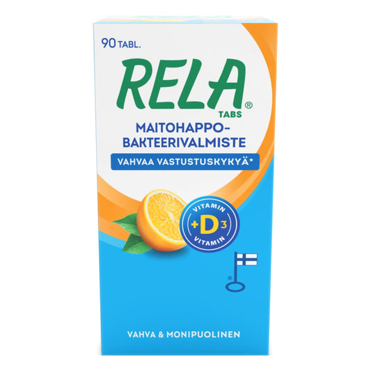 RELA Tabs Appelsiini + D3 tabletti 90 kpl sisältävät kahta tutkittua ja korkealaatuista bakteerikantaa