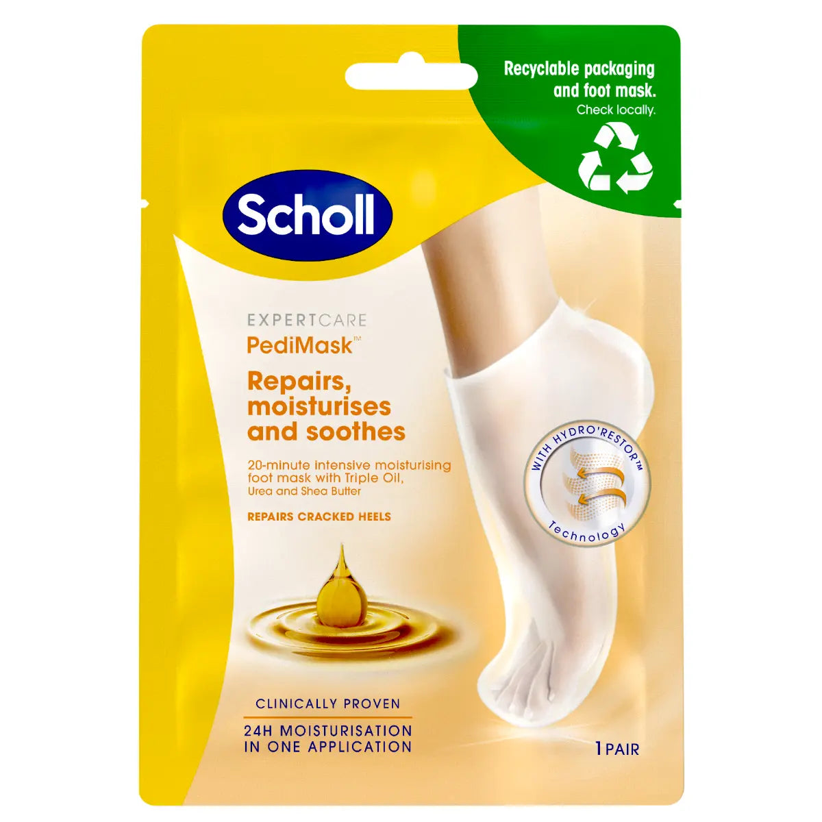 SCHOLL Moisturising PediMask Triple Oil jalkanaamio sisältää kolmea eri hoitavaa öljyä