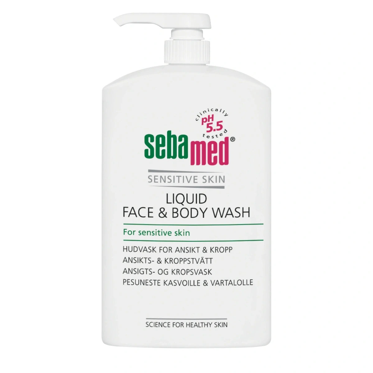 SEBAMED Liquid Face & Body Wash pesuneste pumppupullo 1000 ml pH 5,5 ylläpitää ihon luonnollista tasapainoa
