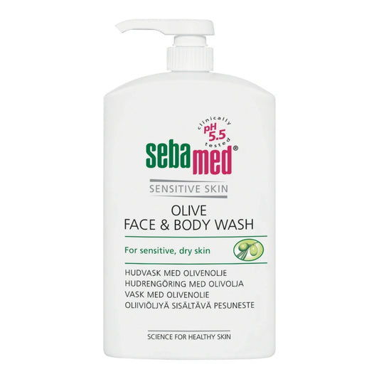 SEBAMED Olive Face & Body Wash pesuneste pumppupullo 1000 ml herkälle iholle kehitetty pesuneste puhdistaa hellävaraisesti.