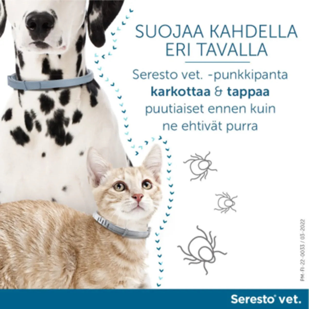 SERESTO Vet kissoille ja koirille alle 8 kg suojaa kahdella eri tavalla: karkottaa ja tappaa puutiaiset