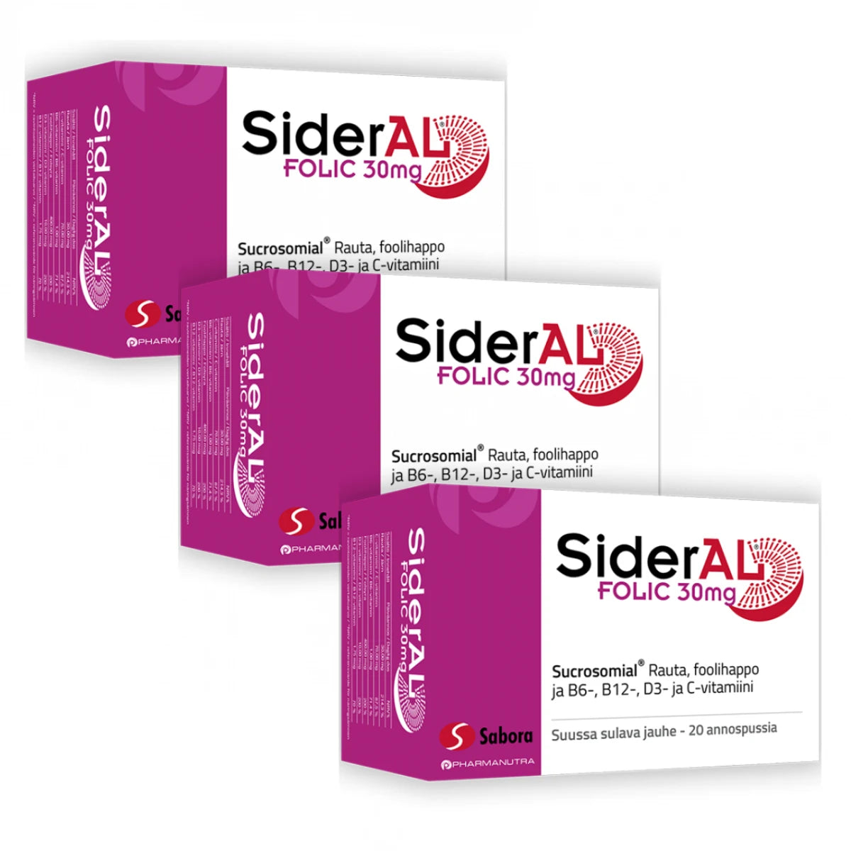 SIDERAL Folic 30 mg annospussi 3x20 kpl rautalisä, joka sisältää myös foolihappoa