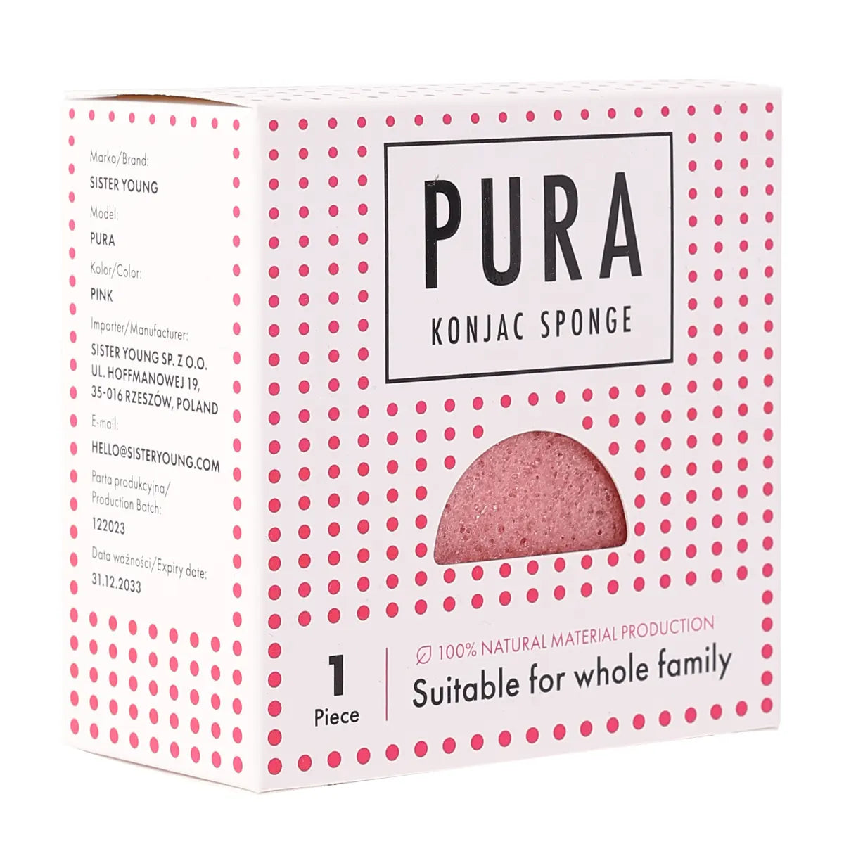 SisterYoung Pura Konjac Pink puhdistussieni sopii koko perheen iholle