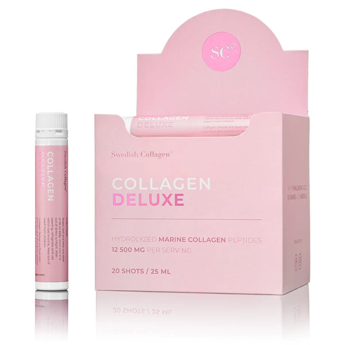 Swedish Collagen Deluxe 20 x 25 ml sisältää hydrolysoitua kollageenia