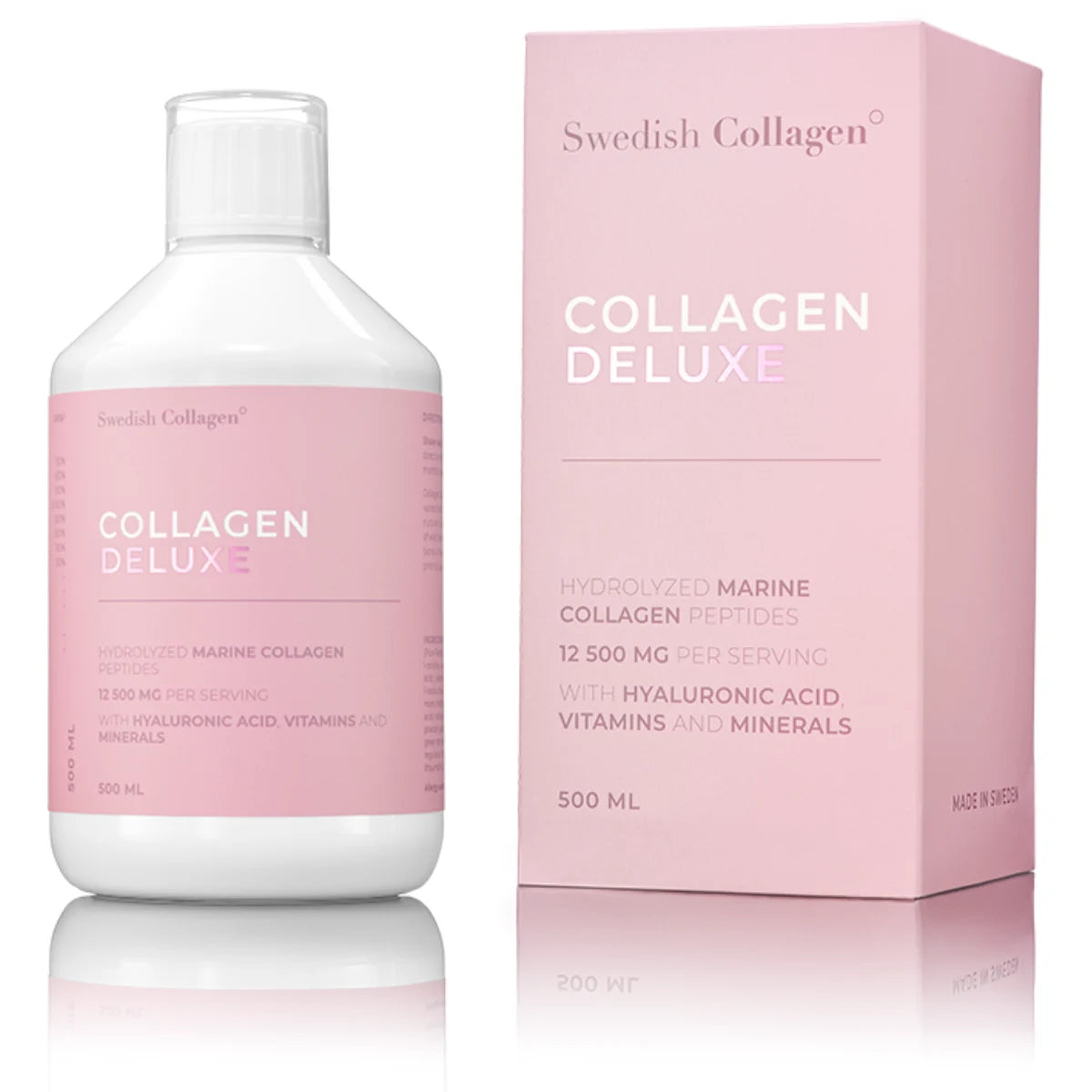 Swedish Collagen Deluxe 500 ml sisältää hydrolysoitua kollageenia, hyaluronihappoa, vitamiineja sekä mineraaleja.