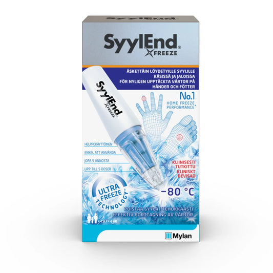 SYYLEND Freeze jäädytyshoito on otikäyttöön tarkoitettu jäädytyshoito, joka poistaa syylät tehokkaasti käsistä, käsivarsista ja jaloista.