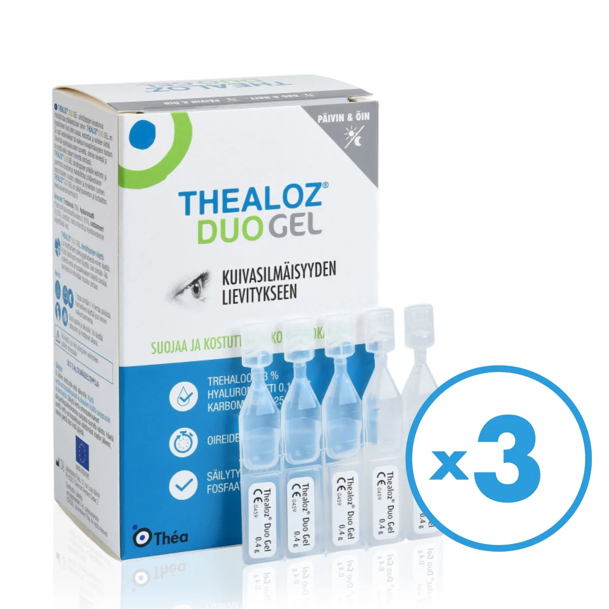 THEALOZ Duo Gel silmätippa kerta-annospakkaus 3x30 kpl osta enemmän kerralla -pakkaus, jossa 3 kpl tuotetta