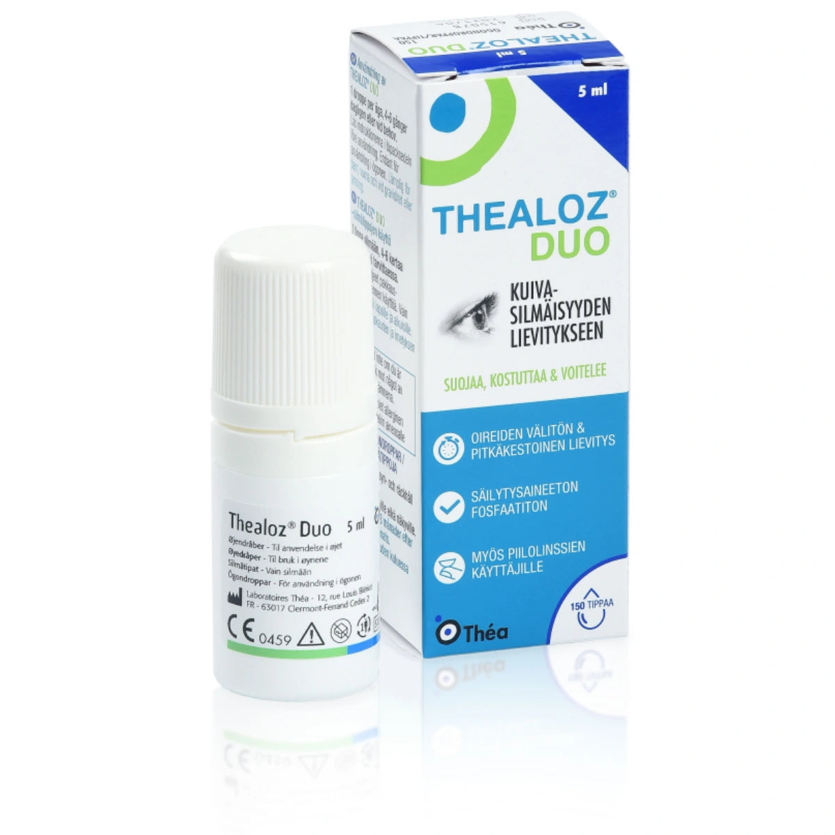 THEALOZ DUO silmätipat, säilytysaineeton 5 ml lievittää oireita välittömästi ja pitkäkestoisesti