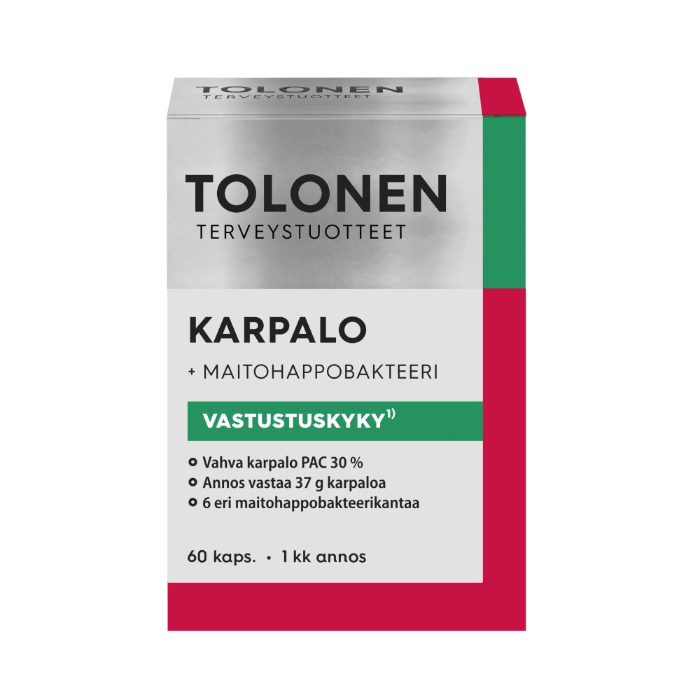 TOLONEN Karpalo + maitohappobakteeri kapseli 60 kpl vahvaa karpalouutetta ja 6 eri tutkittua maitohappobakteerikantaa