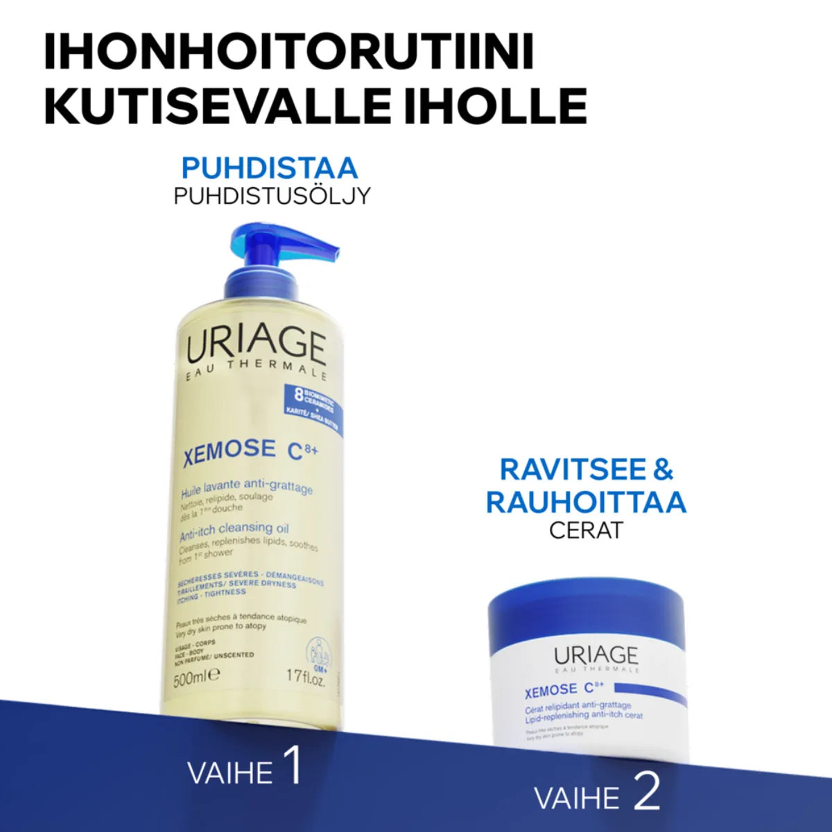 Uriage Xemose C8+ Anti-Itch Cerat yhdessä puhdistusöljyn kanssa kutisevan ihon hoitorutiiniin